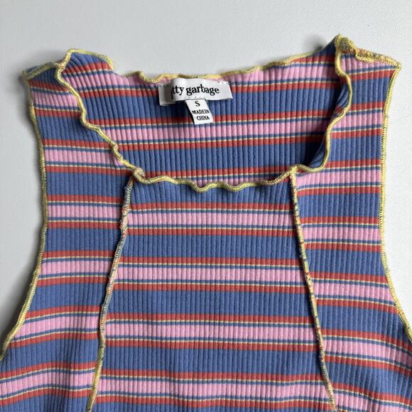 Y2K Indie ALT Pretty Garbage Size Small Ribbed Striped Lettuce Hem Crop Stretch - Picture 6 of 10